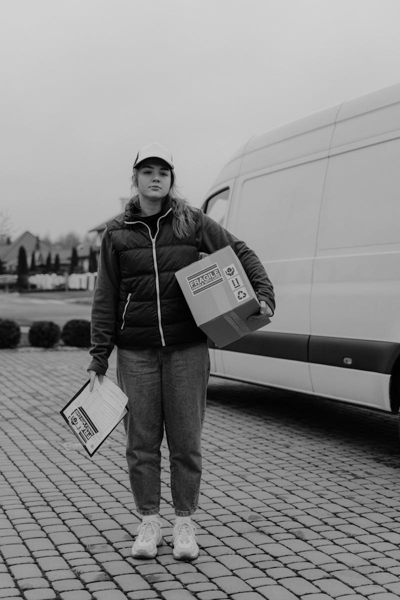 Black and white image of a courier delivering a package outdoors.